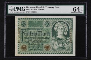 1920 Germany Republic Treasury Note 50 Mark Pick 68 Pmg 64 Epq Choice Unc