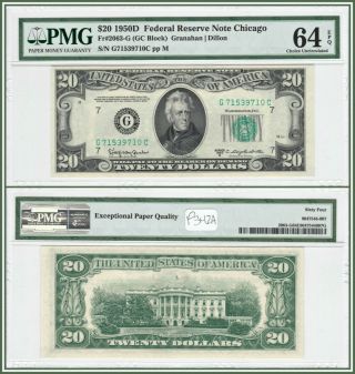 1950d Chicago $20 Federal Reserve Note Pmg 64 Epq Choice Unc Twenty Dollars Frn