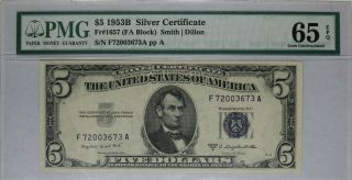 1953 B $5 Silver Certificate Pmg 65 Epq Fr.  1657 Fa Block Gem Uncirculated (673a)