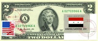 $2 Dollars 2013 Stamp Cancel Flag Of Un From Syria Lucky Money Value $99.  95