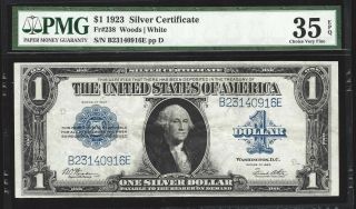 1923 $1 Fr 238 Silver Cert - Scarcer Woods - White Sigs Bright Pmg35 Epq