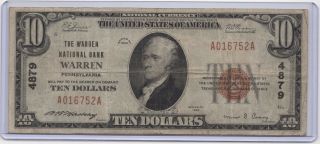 1929 Type 1 $10 Warren National Bank Of Warren Pa National Bank Note Ch 4879