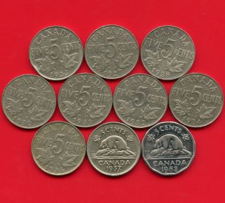 10 Canada 5 Cent Coins 1922 1927 1928 1930 1931 1932 1934 1936 1937 1953 Nsf