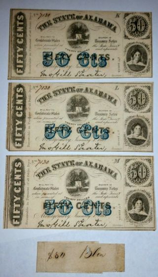 Three 1863 State Of Alabama 50 Cents - Adjoining Notes From Same Sheet