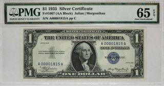 1935 $1 Silver Certificate Note Currency Aa Block Fr.  1607 Pmg Cu 65 Epq (815a)