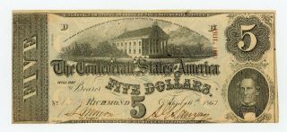 1863 T - 60 $5 The Confederate States Of America Note - Civil War Era Au