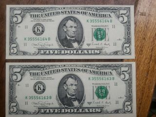 1988 A 5 Dollar Bills Uncirculated consecutive serial numbers 3 bills crisp 2