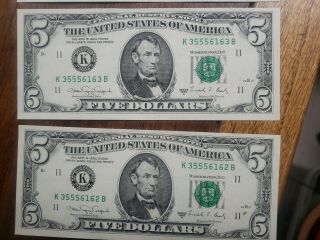 1988 A 5 Dollar Bills Uncirculated consecutive serial numbers 3 bills crisp 3