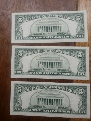 1988 A 5 Dollar Bills Uncirculated consecutive serial numbers 3 bills crisp 4