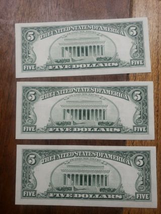 1988 A 5 Dollar Bills Uncirculated consecutive serial numbers 3 bills crisp 5