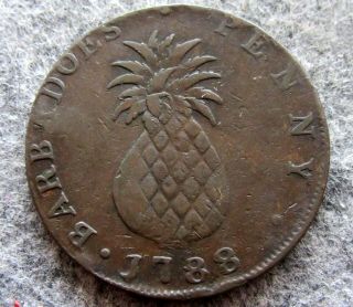 Barbados 1788 1 Penny,  Slave & Pineapple,  Copper