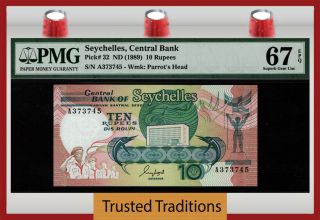 Tt Pk 32 Nd (1989) Seychelles Central Bank 10 Rupees Pmg 67 Epq Gem Unc