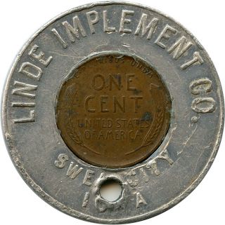 1946 Linde Implement Co.  Swea City,  Iowa Ia Encased Cent Penny Token