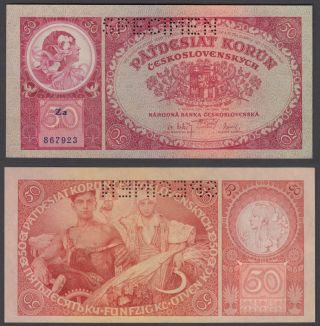 Czechoslovakia 50 Korun 1929 Specimen Unc Banknote P - 22s