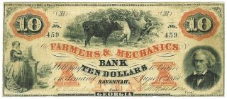 1860 Savannah,  Georgia $10 Farmers & Mechanics Obsolete Bank Note Very Fine
