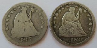 1857 - O,  1858 Seated Liberty Silver Quarters,  Vintage 25c Coins (301544s)