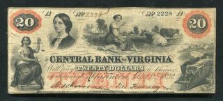 1860 $20 The Central Bank Of Virginia Stanton,  Va Obsolete Currency Note Vf