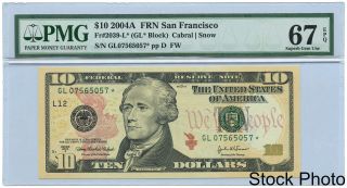 2004a $10 Frn Federal Reserve Star Note San Francisco Pmg Gem Unc 67 Epq