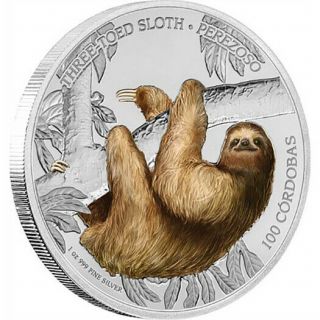 2018 100 Cordobas Nicaragua 1 Oz Silver Proof Three Toed Sloth Coin