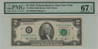 1976 $2 Federal Reserve Note York Fr.  1935 - B Bb Block Pmg Cu 67 Epq Gem Unc