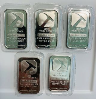 Five Pan American Silver Corp One Ounce Pure Silver Bars,