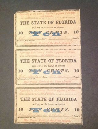State Of Florida 10 Cents Note Dated February 1863 Sheet Of Three