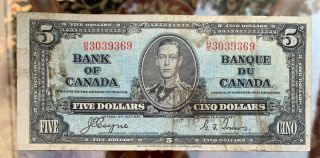 Bank Of Canada King George 1937 5 Dollar Banknote Coyne Towers H/s 3039369