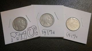 1917 P 1917 D 1917 S 5c Indian Head Buffalo Nickels - Complete Year Set Combo