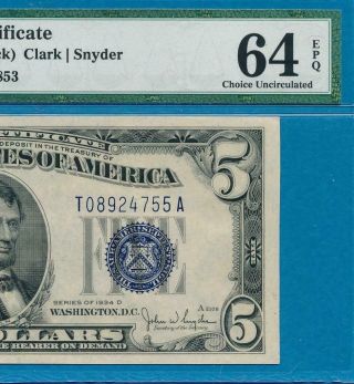 $5.  00 1934 - D W1 Silver Certificate Blue Seal Attractive Pmg Choice 64epq
