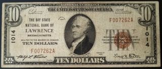 1929 $10 National Currency From The Bay State National Bank Of Lawrence,  Ma