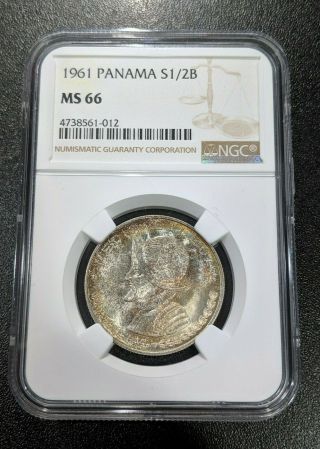 1961 Ms66 Panama Silver 1/2 Balboa Ngc Unc Nicely Toned Top Pop Km 26