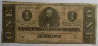 1864 Confederate States Of America $1 Banknote T - 71 Vg - F