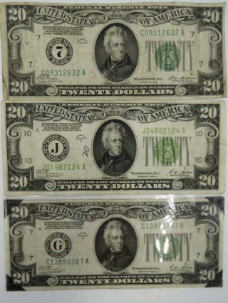 3 Series 1928 B $20 " Reedemable In Gold " Federal Reserve Notes Light Green Seal