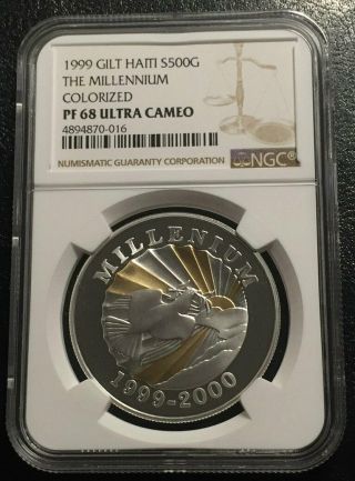 Haiti 500g 1999 Colored Silver & Gold - Plated Ngc Pf68uc Millennium Dove