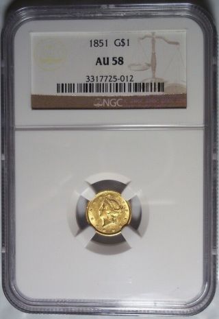 1851 Gold Liberty Head $1 Coin Ngc Au58 Rare Type 1 One Dollar Gold