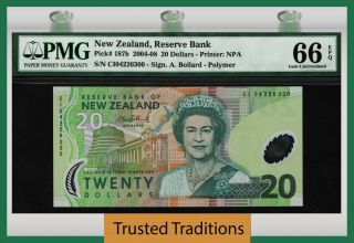 Tt Pk 187b 2004 - 08 Zealand $20 " Queen Elizabeth Ii " Pmg 66 Epq Gem Unc