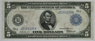 1914 $5 Federal Reserve Note Kansas City Fr.  880 Circ Net Fine Stains Holes (186a)