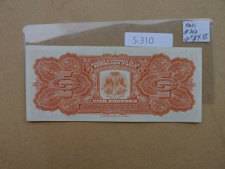 Vintage Banknote Haiti 1919 5 Gourde Du Vallier S310