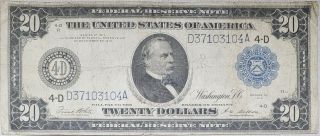 1914 U.  S.  York Blue Seal $20 Twnty Dollar Federal Reserve Note Bill Fr.  979a