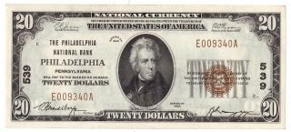 1929 Philadelphia National Bank Note Ch 539 $20 Twenty Dollar Bill F - 1802 - 1 R39