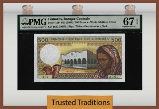 Tt Pk 10b 1994 Comoros Banque Centrale 500 Francs Pmg 67 Epq Gem Unc