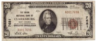 1929 Union National Bank Of Clarksburg $20 Twenty Dollar Bill F - 1802 - 1 R34