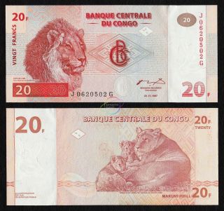 Congo Democratic Republic 20 Francs,  1997,  P - 88a,  Printer Hdm,  Lion,  Unc