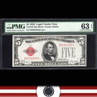 1928 Plain $5 Legal Tender Note Red Seal Pmg 63 Epq Fr 1525 B32942326a