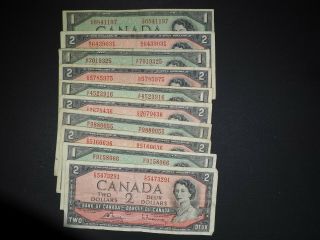 1954 Canadian Paper Money 2 Notes - (1) One Dollar And (1) - Two Dollar Bill