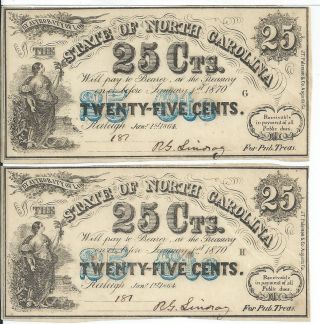 1864 North Carolina Raleigh 25 Cents Low 187 Cr150 Plates G H Set Of 2