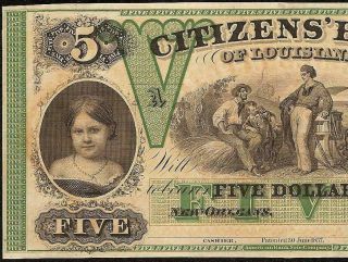 Unc 1800s $5 Dollar Bill Citizens Bank Louisiana Note Large Currency Paper Money