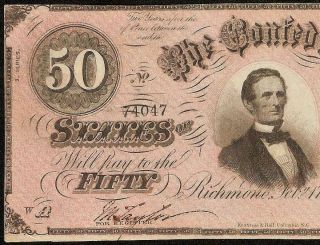 1864 $50 Dollar Confederate States Currency Civil War Note Old Paper Money T - 66