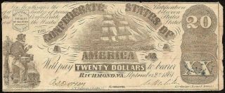 1861 $20 Dollar Confederate States Currency Civil War Note Old Paper Money T - 18