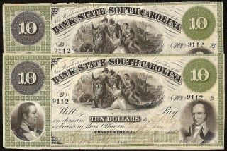 2 Au 1861 $10 Dollar South Carolina Bank Notes Large Currency Old Paper Money